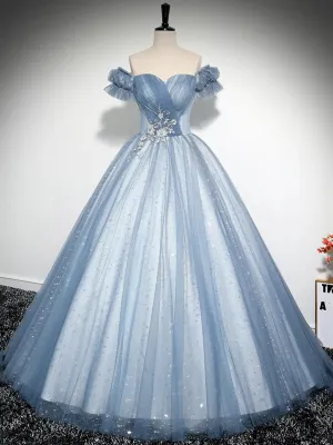 A-line Blue-Grey Tulle Sweetheart Party Dress, Tulle Long Prom Dress Evening Dress
