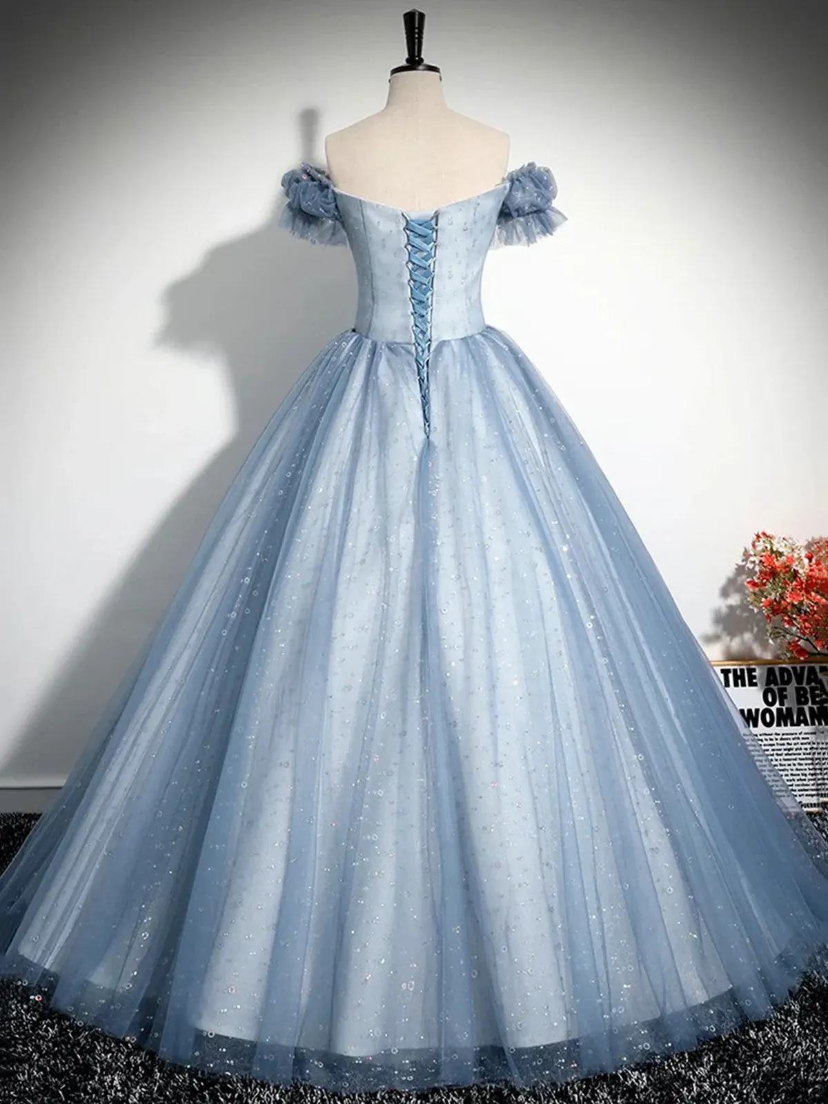 A-line Blue-Grey Tulle Sweetheart Party Dress, Tulle Long Prom Dress Evening Dress