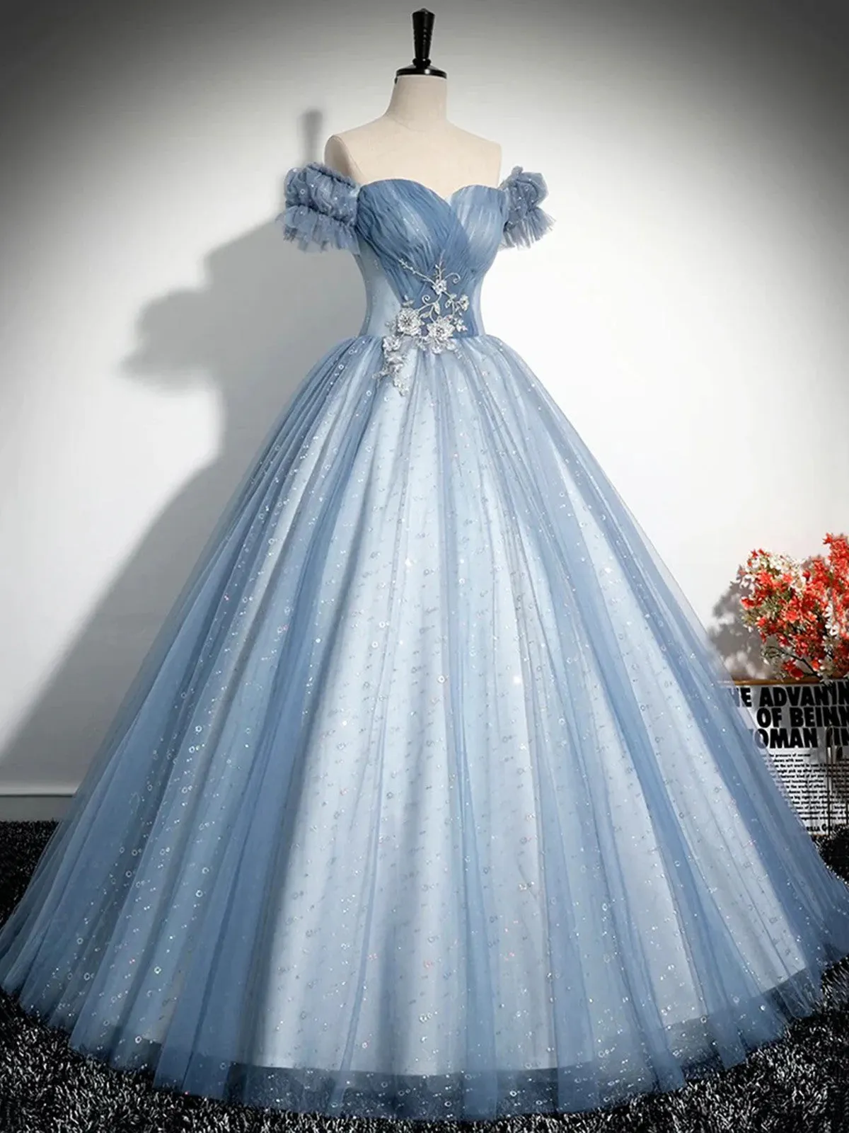 A-line Blue-Grey Tulle Sweetheart Party Dress, Tulle Long Prom Dress Evening Dress