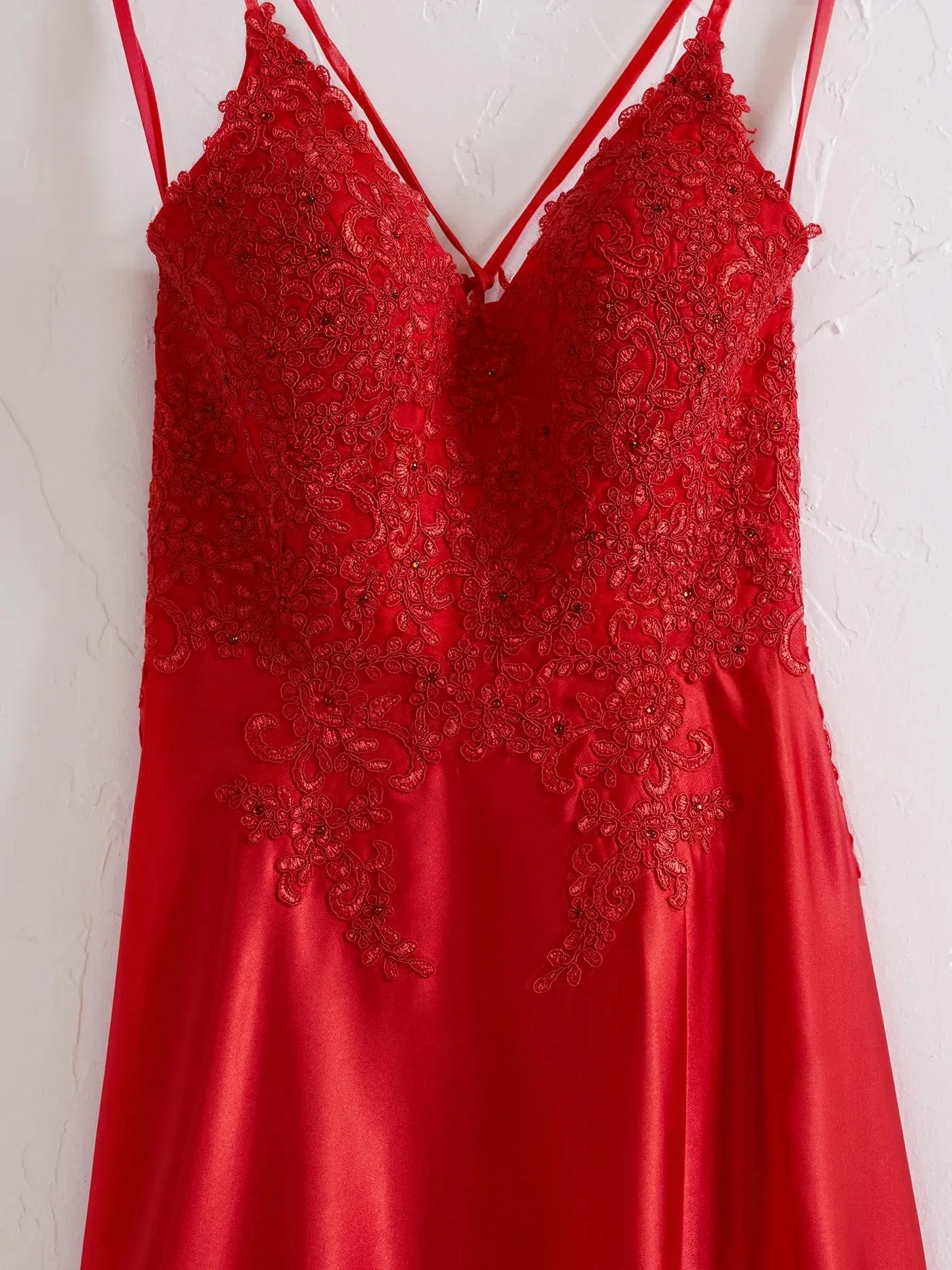 A-line Red Lace Applique Formal Dress Spaghetti Straps Corset Back