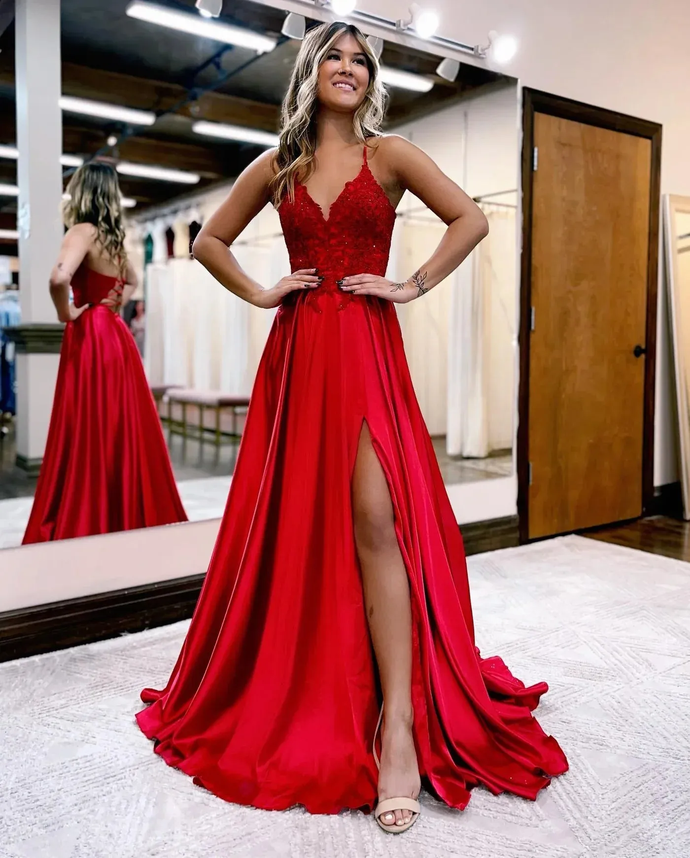 A-line Red Lace Applique Formal Dress Spaghetti Straps Corset Back