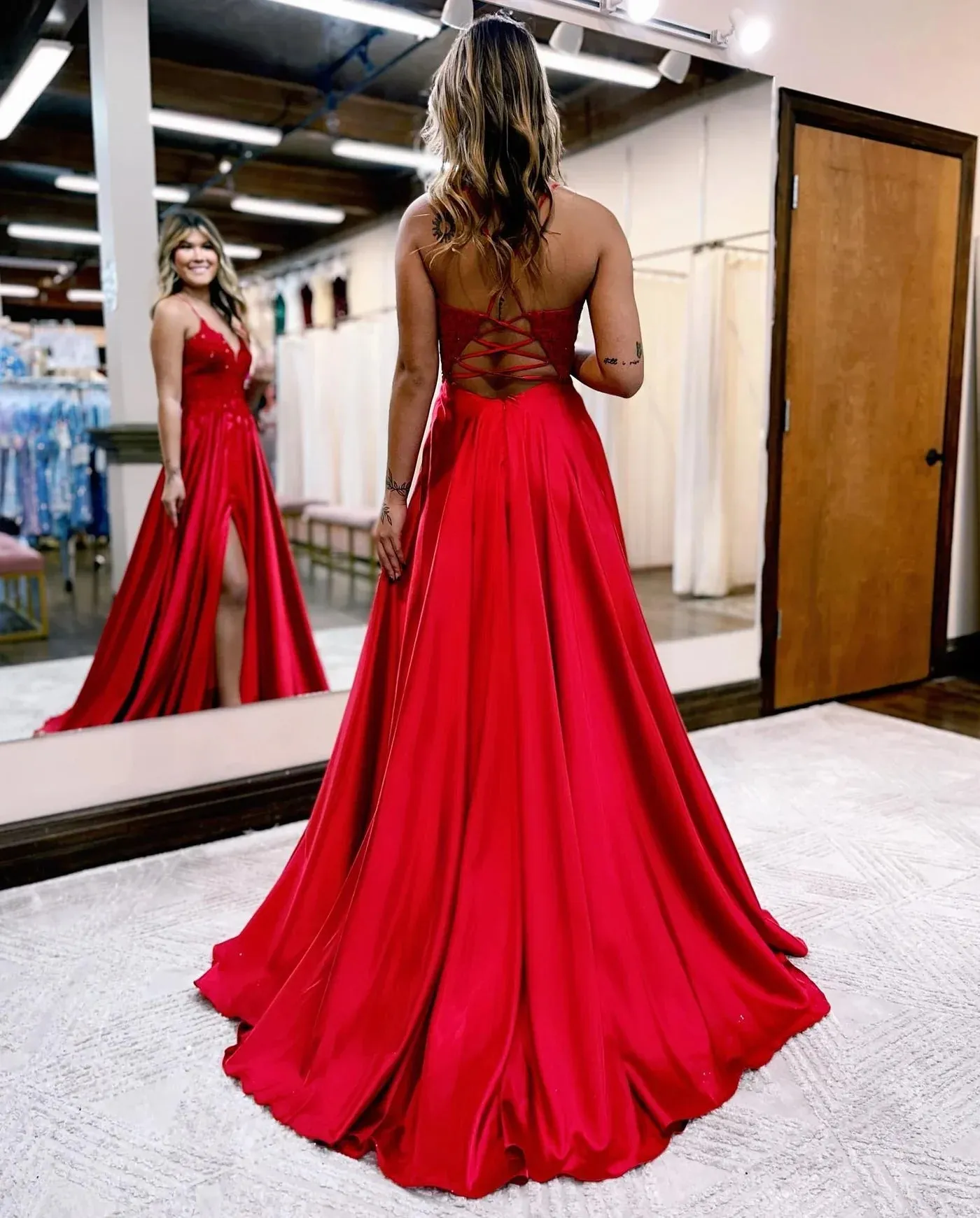 A-line Red Lace Applique Formal Dress Spaghetti Straps Corset Back