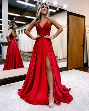 A-line Red Lace Applique Formal Dress Spaghetti Straps Corset Back