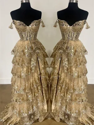 A-line Tulle Layered Lace Prom Dress, Sweetheart Lace Layered Long Evening Dress