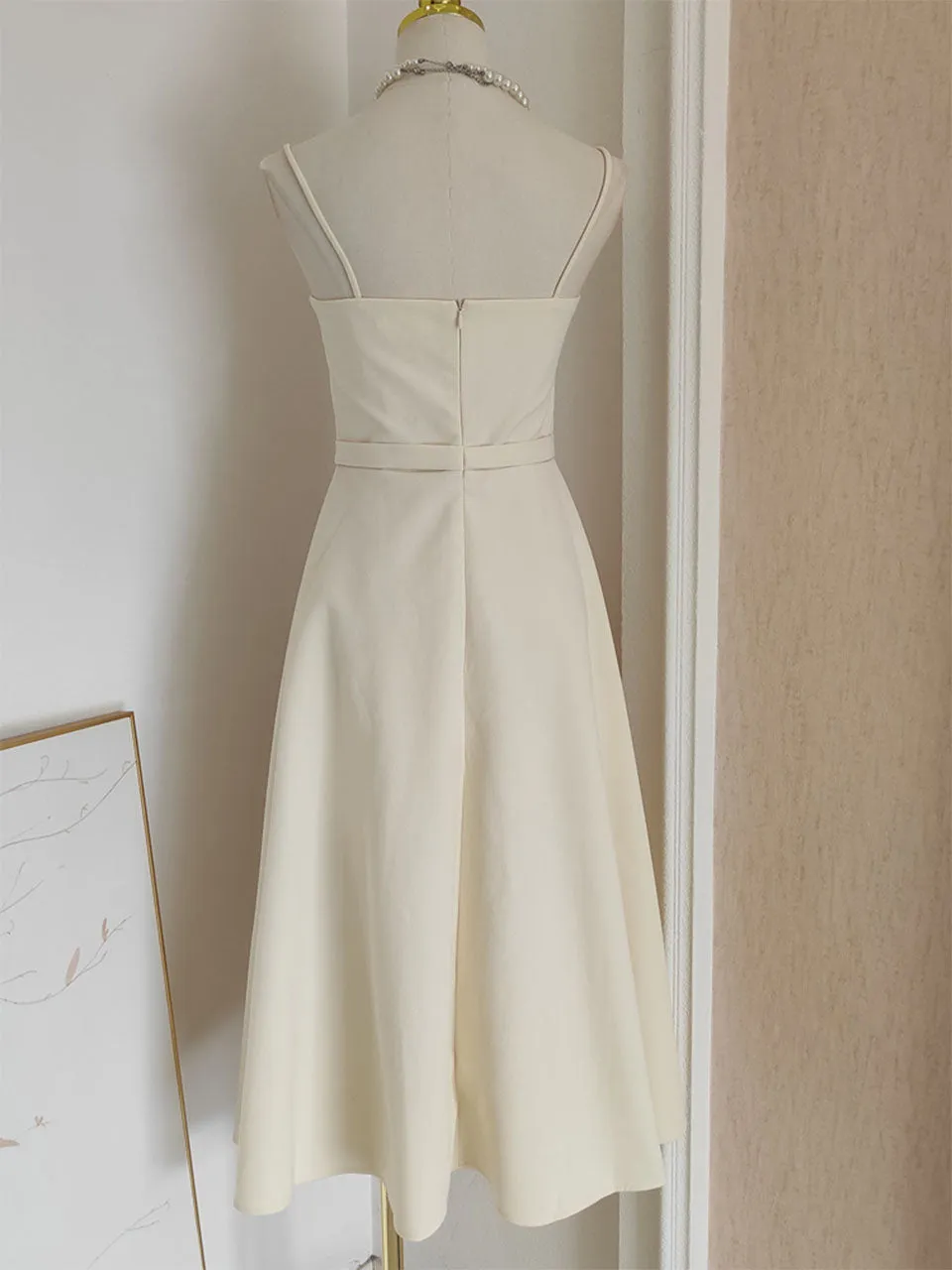 Apricot Embroidered Spaghetti Strap Vintage Dress