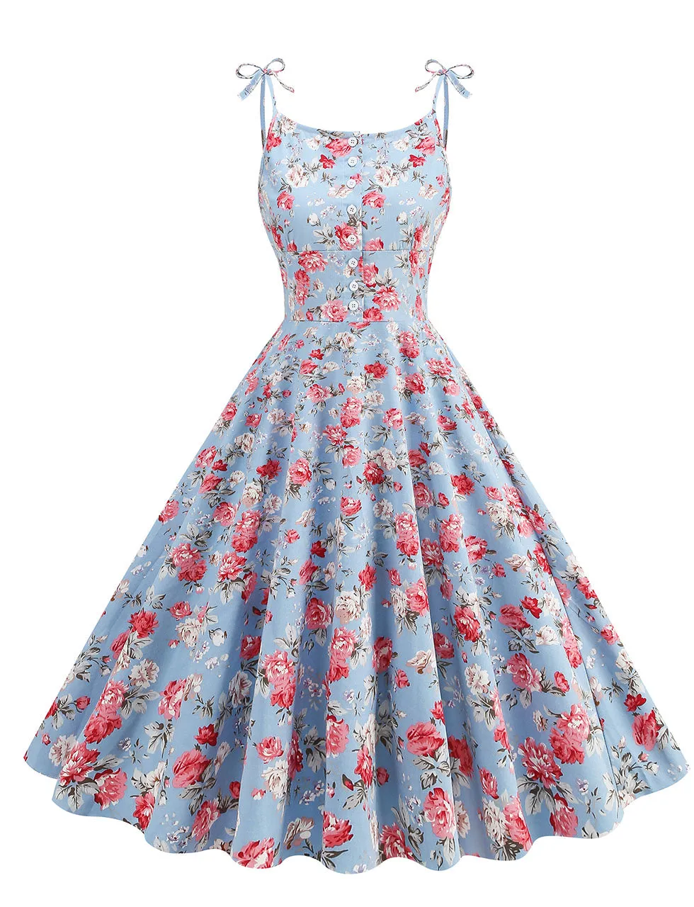 Baby Blue Floral Print Tie-up Spaghetti Straps 1950S Retro Swing Dress With Pockets