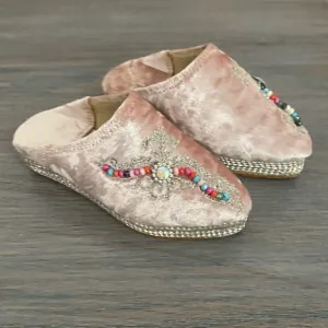 Baby girl moroccan babouch traditional shoes handmade beaded pink velvet leather