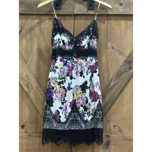 Bebe Babydoll Y2K Silk Slip Dress Women’s Sz 0 Pia Print Spaghetti Strap Floral