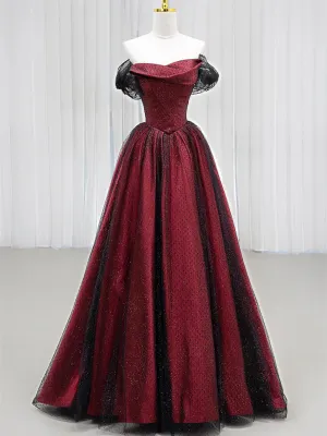 Black and Red Off Shoulder A-line Party Dress, Simple Style Prom Dress Evening Dress