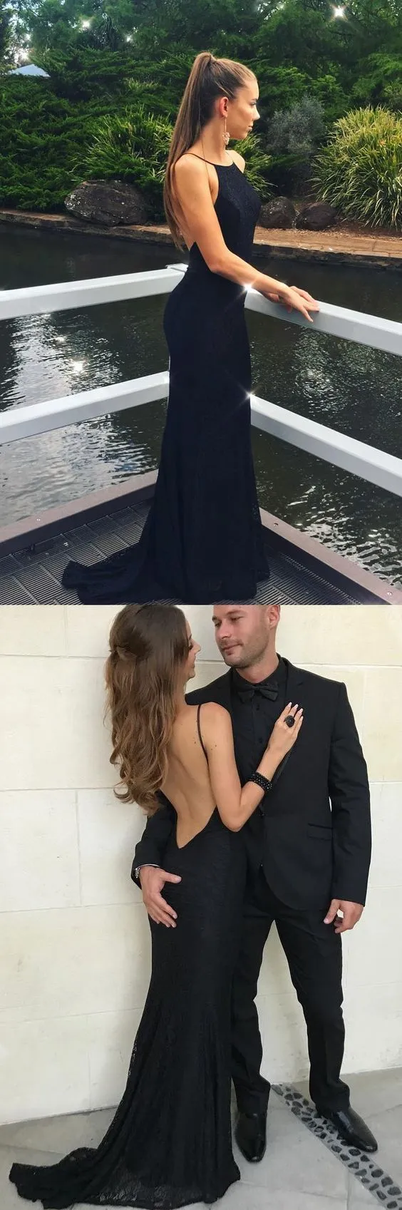 Black Mermaid Open Back Sexy Lace Cheap Long Prom Dresses, BG51202