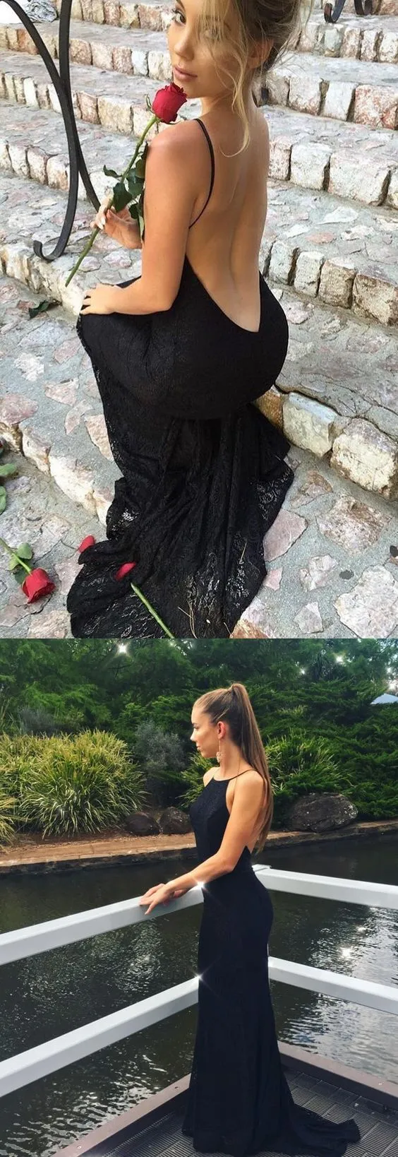 Black Mermaid Open Back Sexy Lace Cheap Long Prom Dresses, BG51202