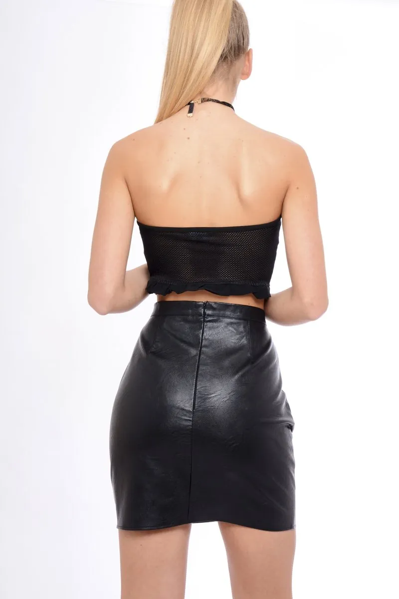 Black Mesh Lace Up Frill Bandeau Top - Gisella