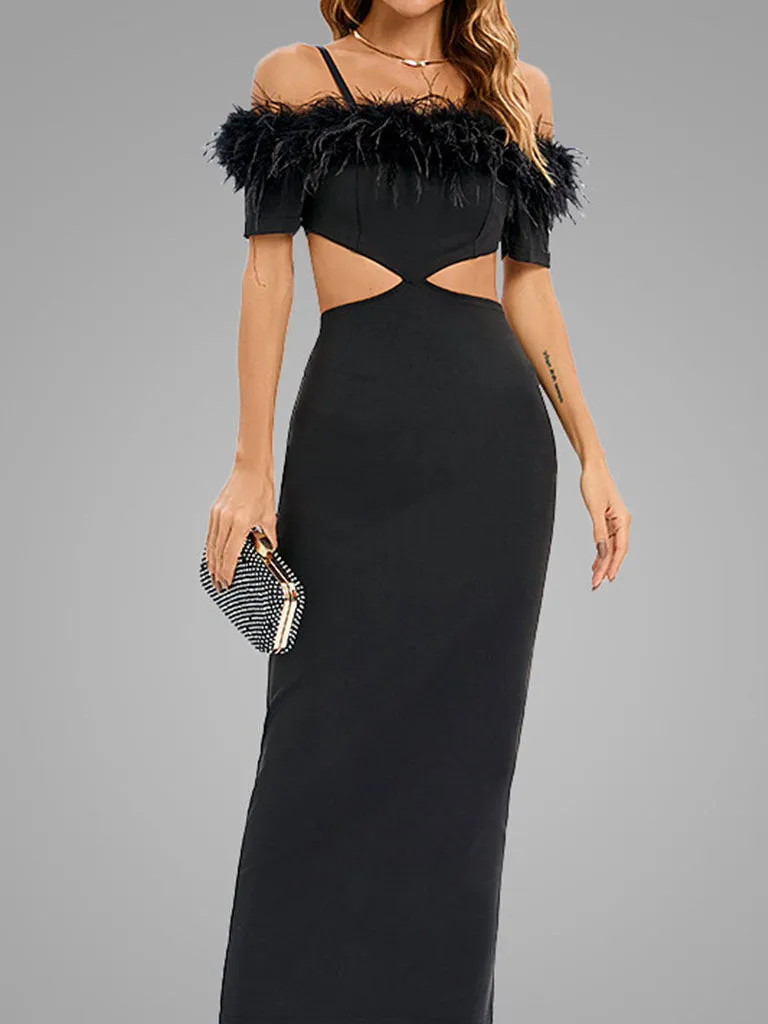Black Spaghetti Strap Feather Off The Shoulder Bodycon Dress Sexy Gown Party Dress