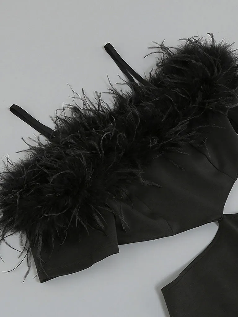 Black Spaghetti Strap Feather Off The Shoulder Bodycon Dress Sexy Gown Party Dress