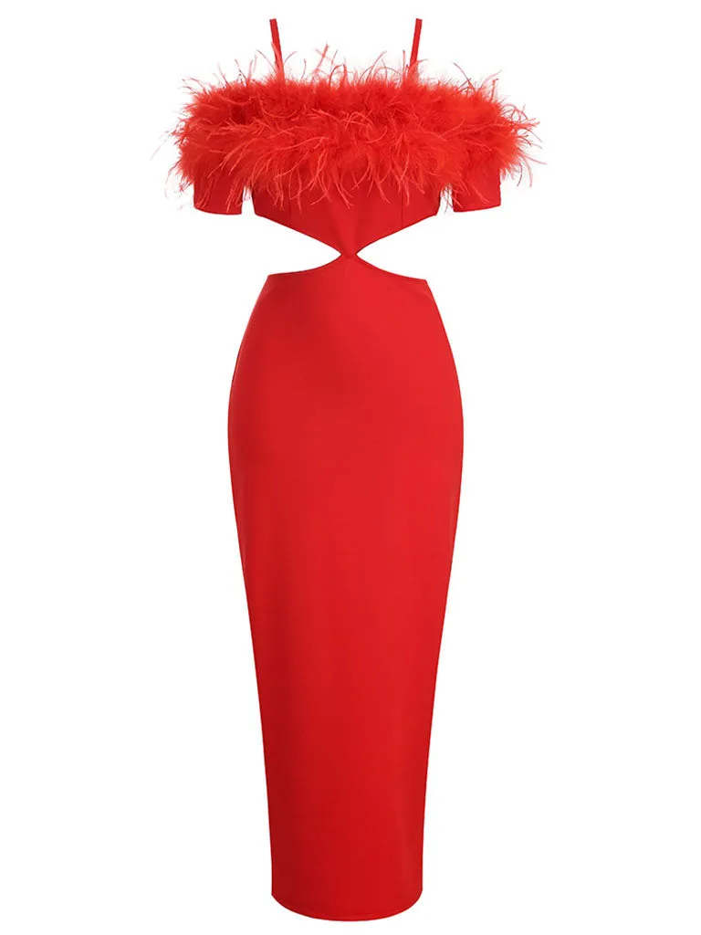 Black Spaghetti Strap Feather Off The Shoulder Bodycon Dress Sexy Gown Party Dress