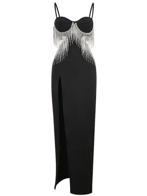 Black Spaghetti Strap Rhinestones Slit Sexy Gown Party Dress