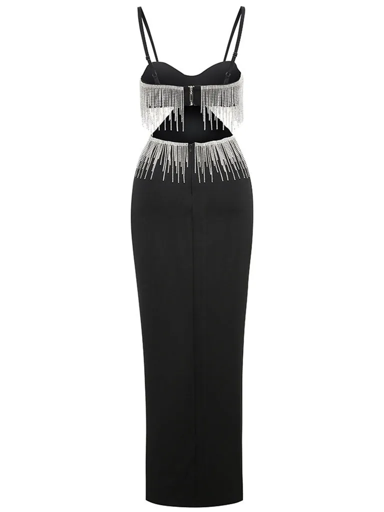 Black Spaghetti Strap Rhinestones Slit Sexy Gown Party Dress