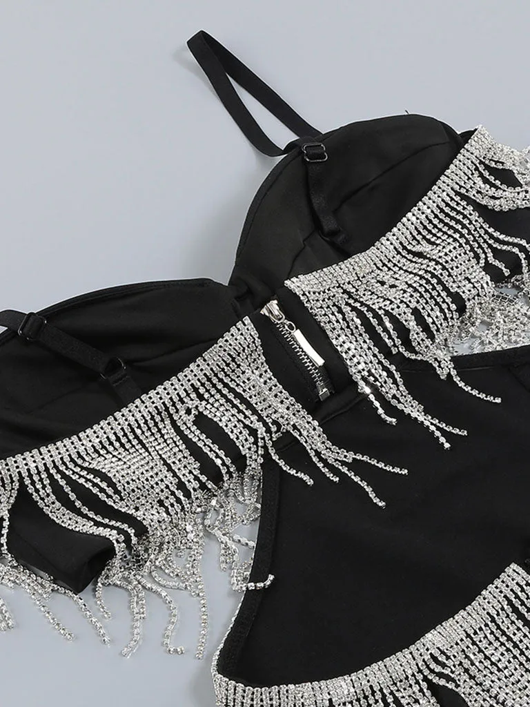 Black Spaghetti Strap Rhinestones Slit Sexy Gown Party Dress