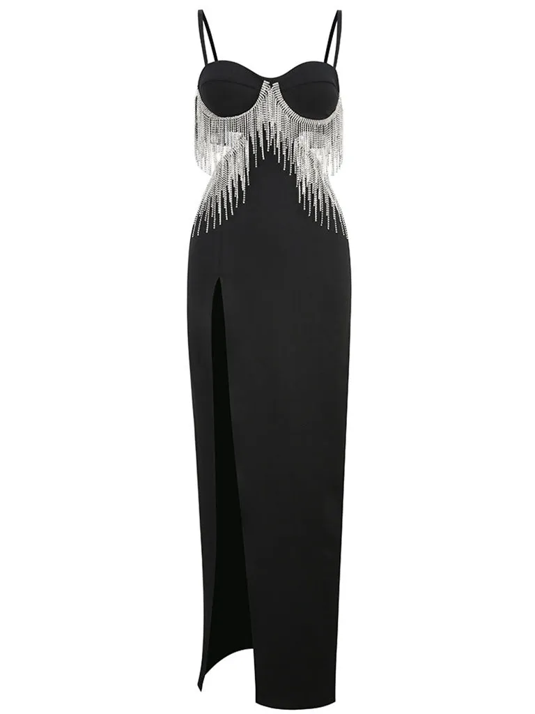 Black Spaghetti Strap Rhinestones Slit Sexy Gown Party Dress
