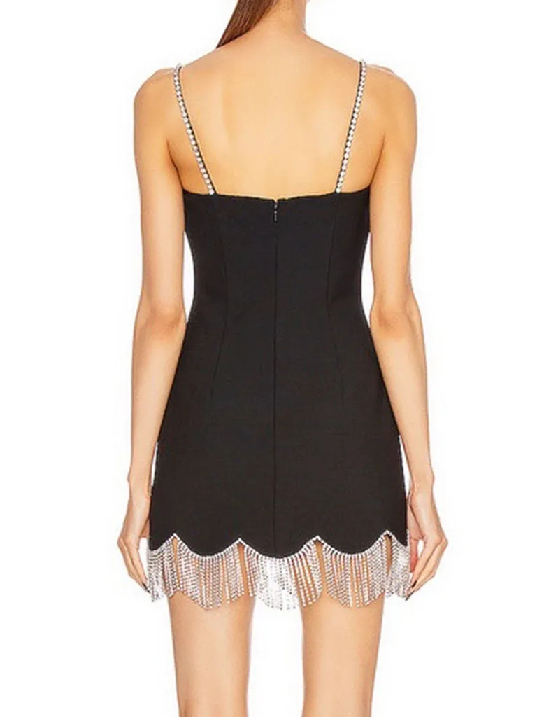 Black Spaghetti Strap Sexy Gown Party Dress With Rhinestones