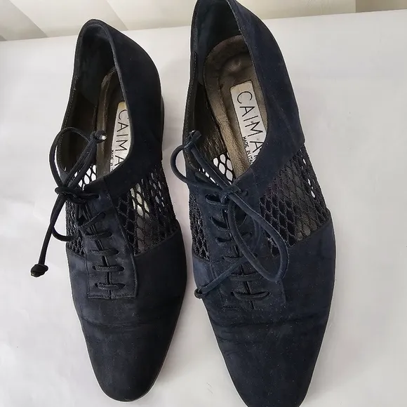 Caiman Navy Blue Nubuck Suede Leather Mesh Lace Up Almond Toe Shoe 36
