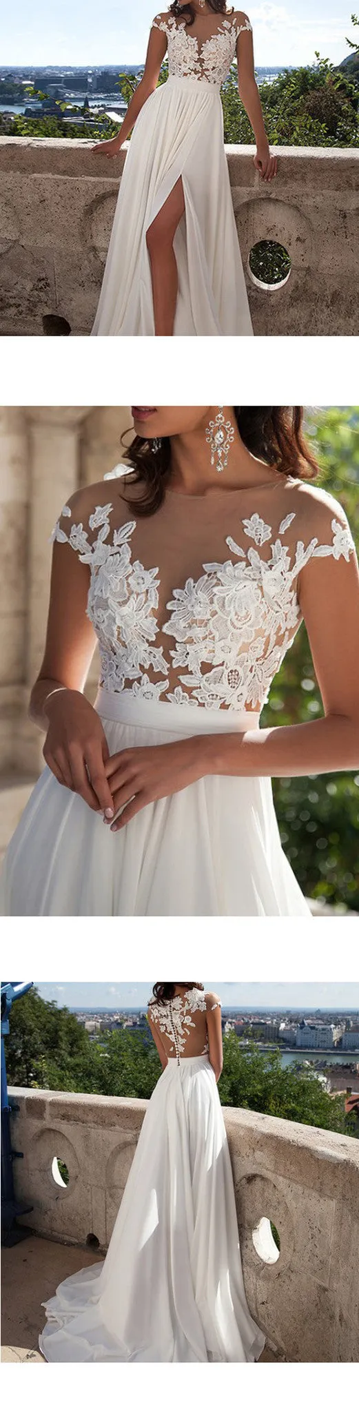 Cap Sleeve White Side Slit Lace Chiffon Long Cheap Prom Dresses, BG51128
