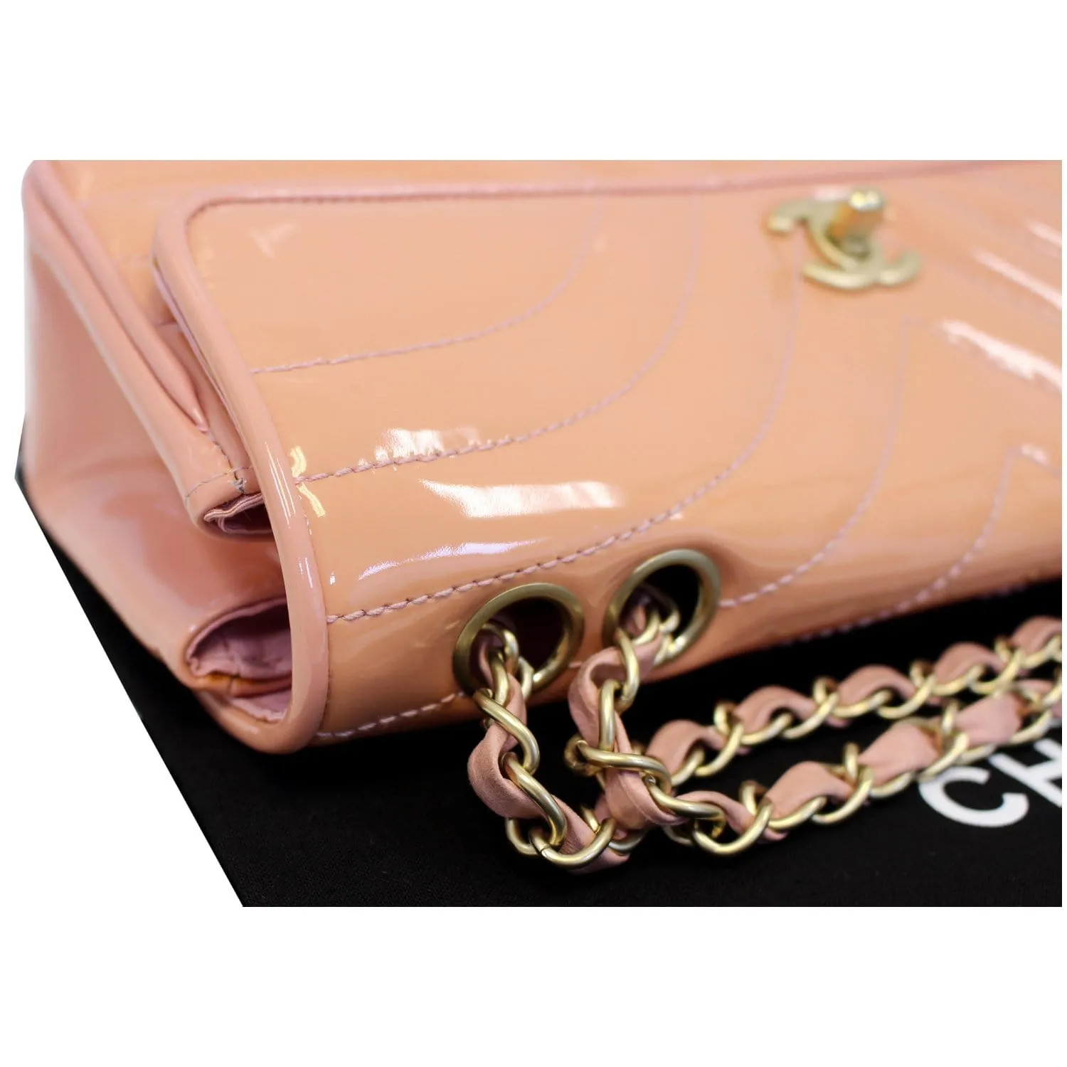 CHANEL Patent Leather Flap Shoulder Bag Peach
