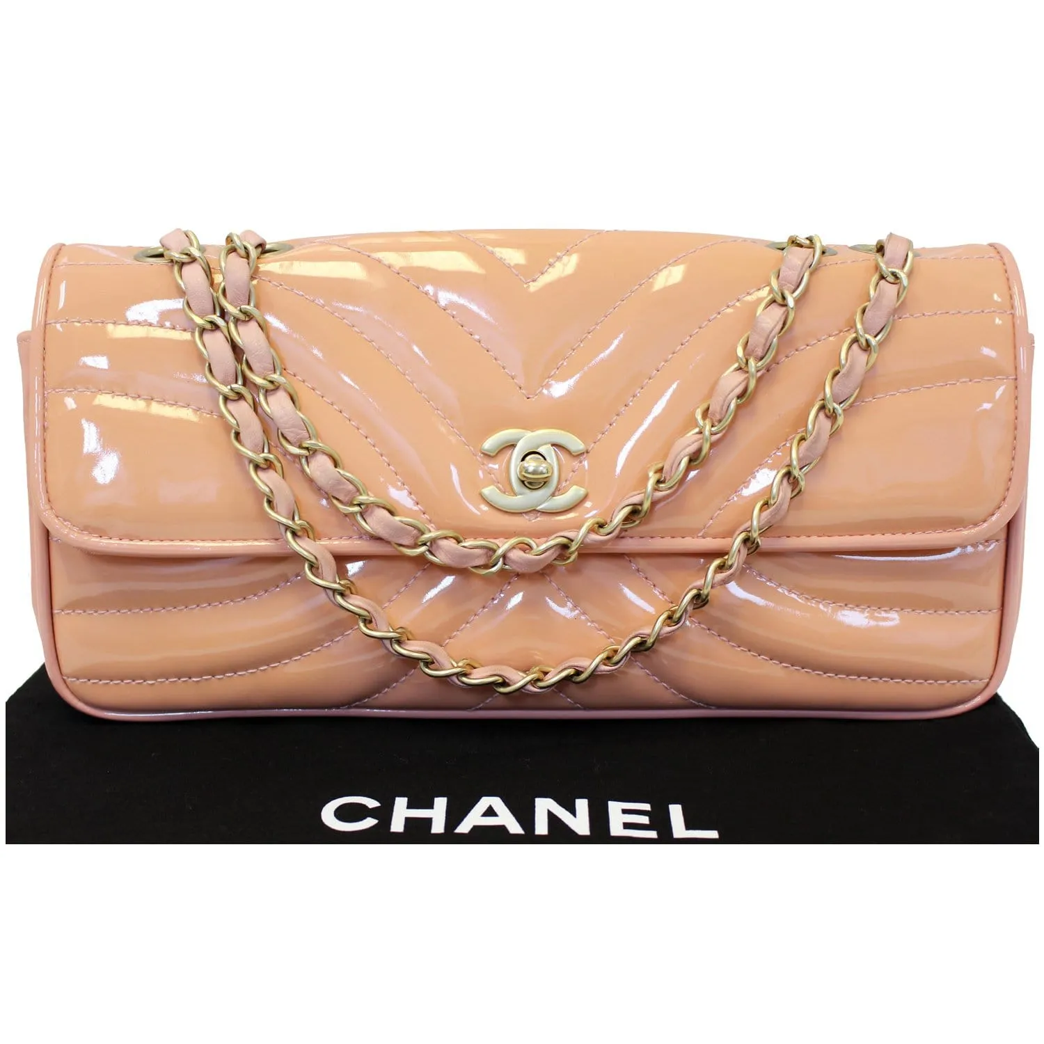 CHANEL Patent Leather Flap Shoulder Bag Peach