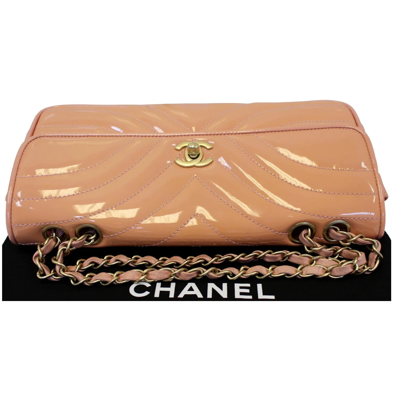 CHANEL Patent Leather Flap Shoulder Bag Peach