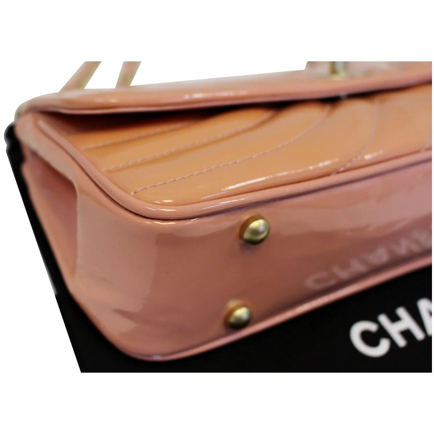 CHANEL Patent Leather Flap Shoulder Bag Peach