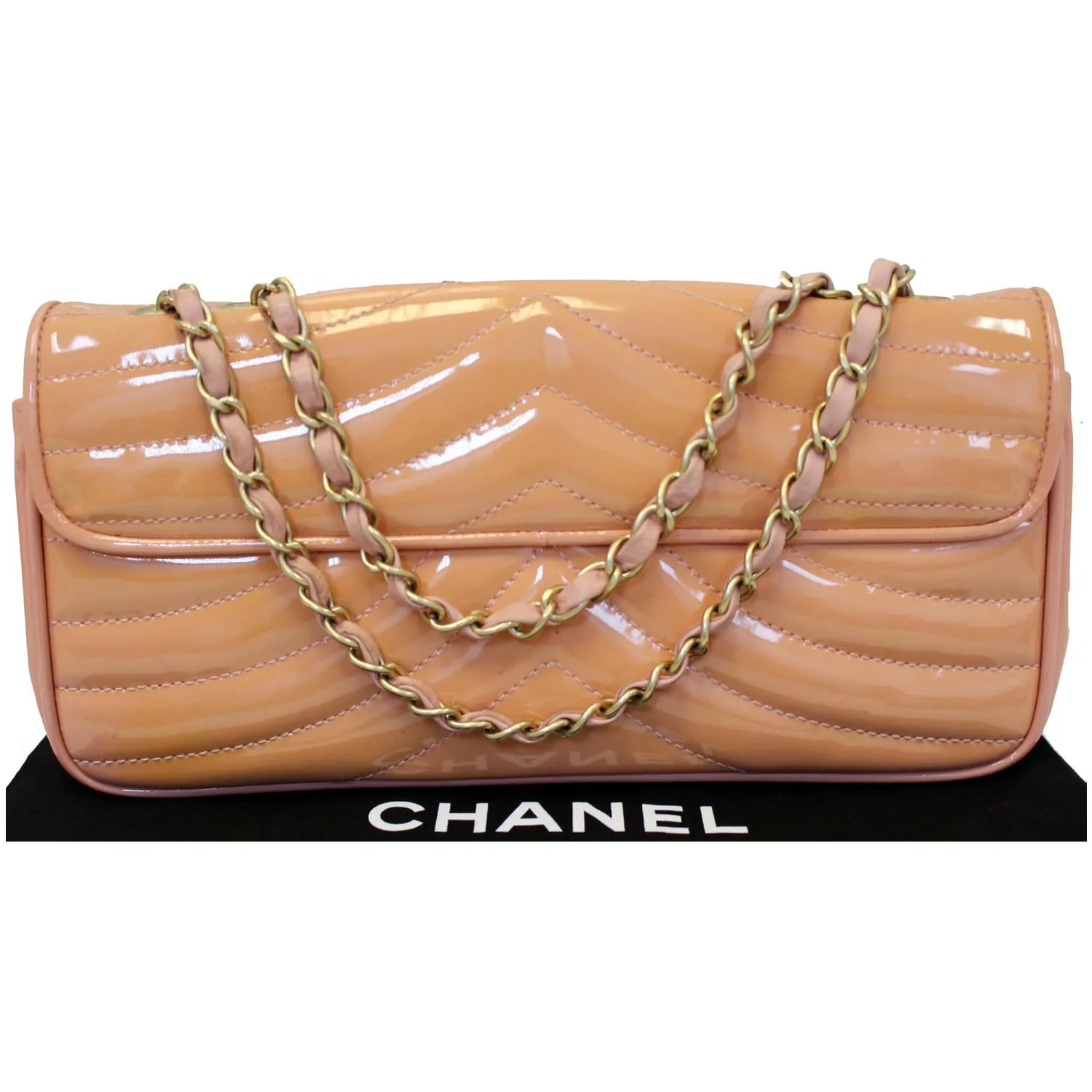 CHANEL Patent Leather Flap Shoulder Bag Peach