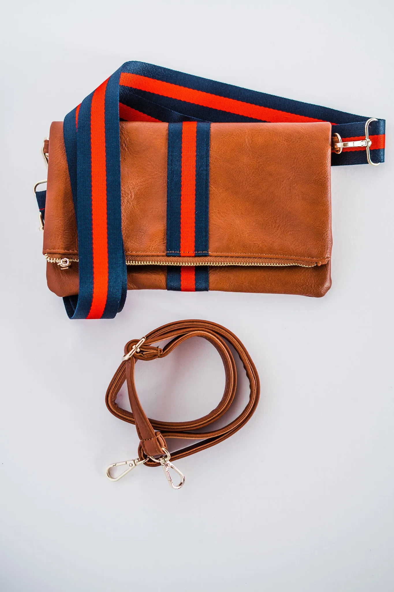 Cognac   Red/Navy Stripe Vegan Crossbody, Belt Bag   Clutch