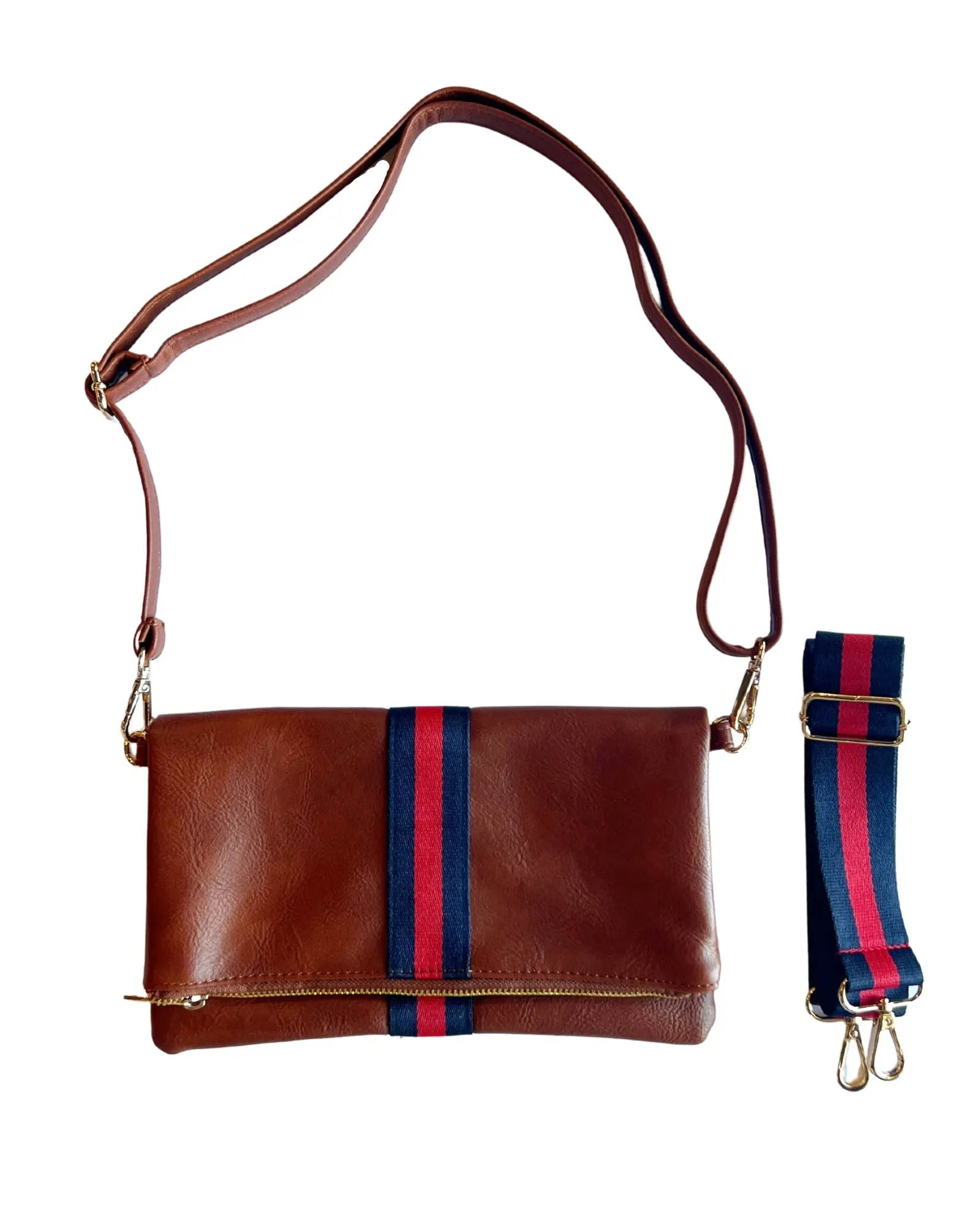 Cognac   Red/Navy Stripe Vegan Crossbody, Belt Bag   Clutch