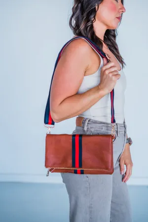 Cognac   Red/Navy Stripe Vegan Crossbody, Belt Bag   Clutch