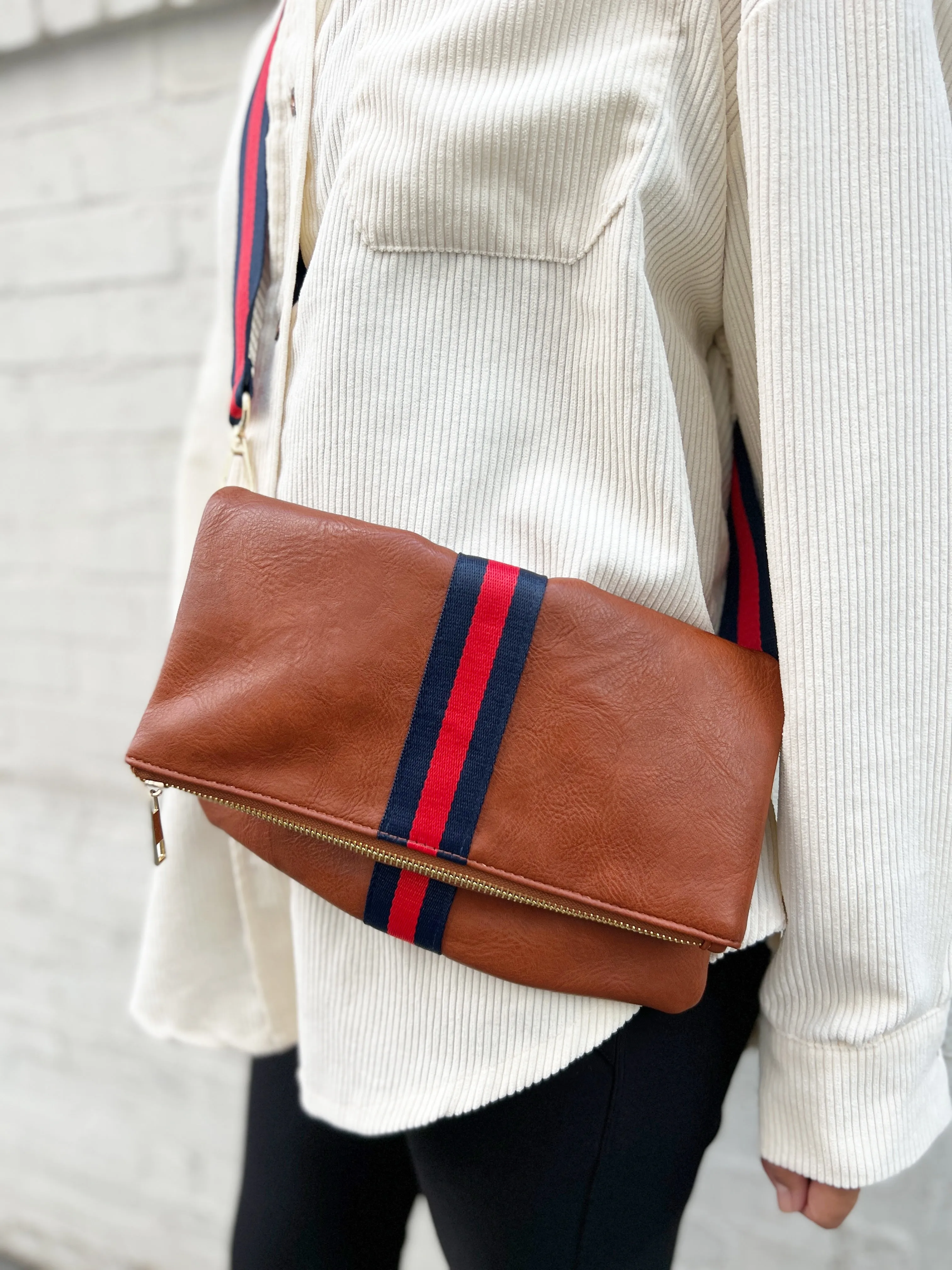 Cognac   Red/Navy Stripe Vegan Crossbody, Belt Bag   Clutch