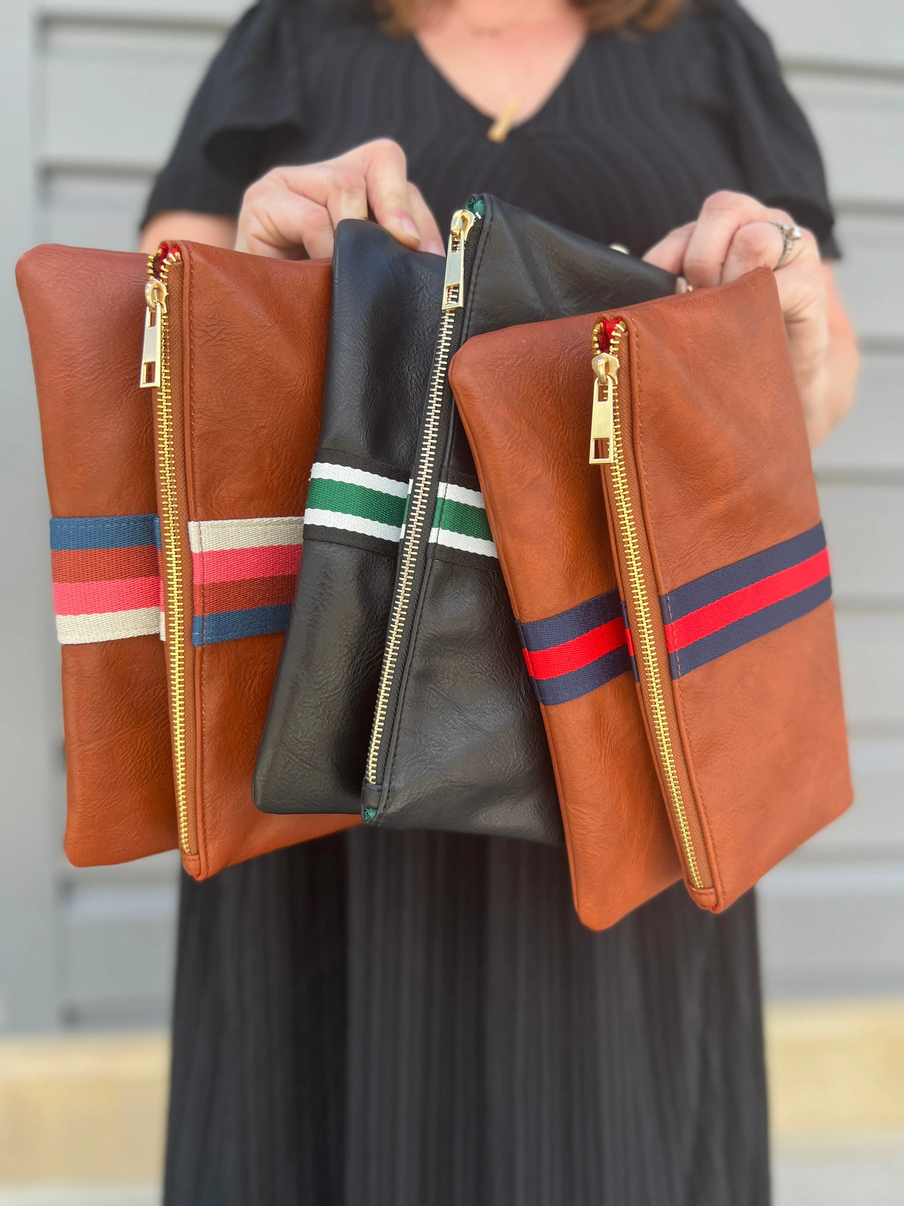 Cognac   Red/Navy Stripe Vegan Crossbody, Belt Bag   Clutch