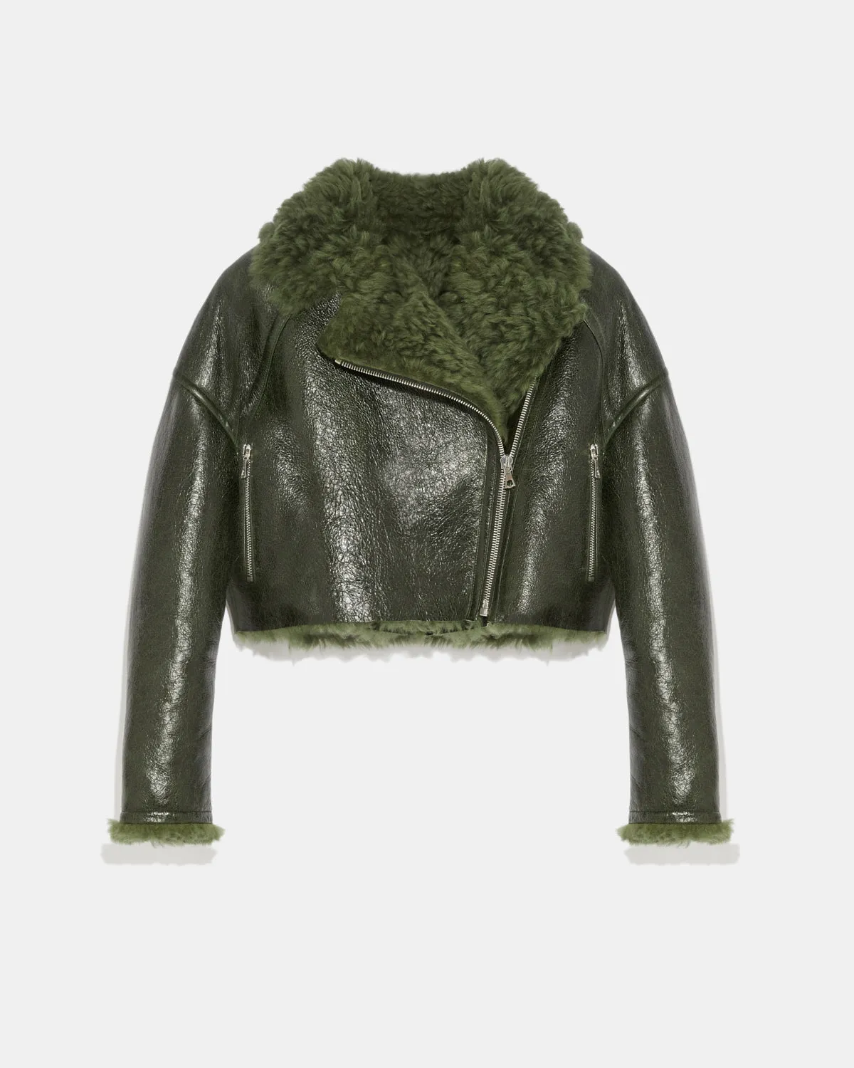 Cropped biker jacket in patent merino