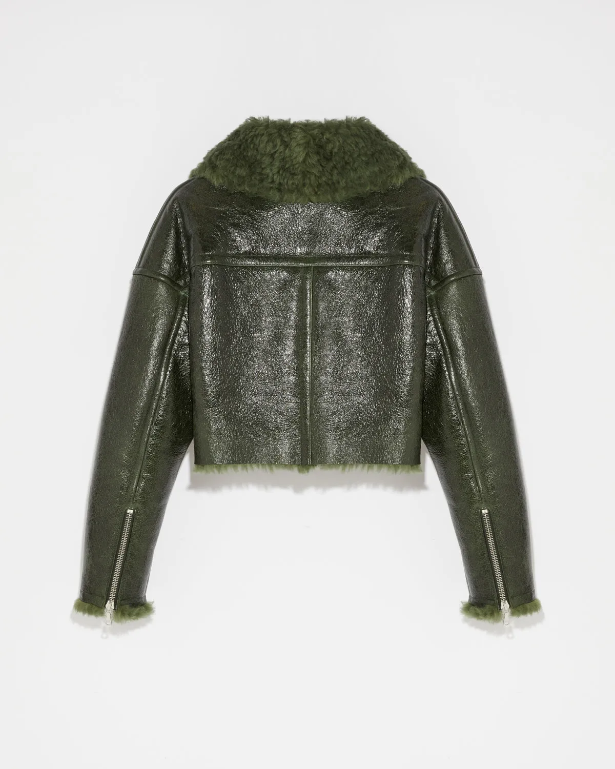 Cropped biker jacket in patent merino
