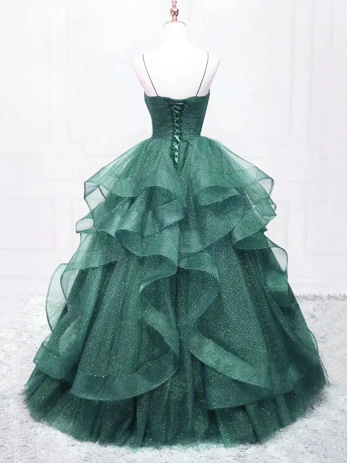 Dark Green Tulle Layers Straps V-neckline Prom Dress, Dark Green Tulle Evening Dress
