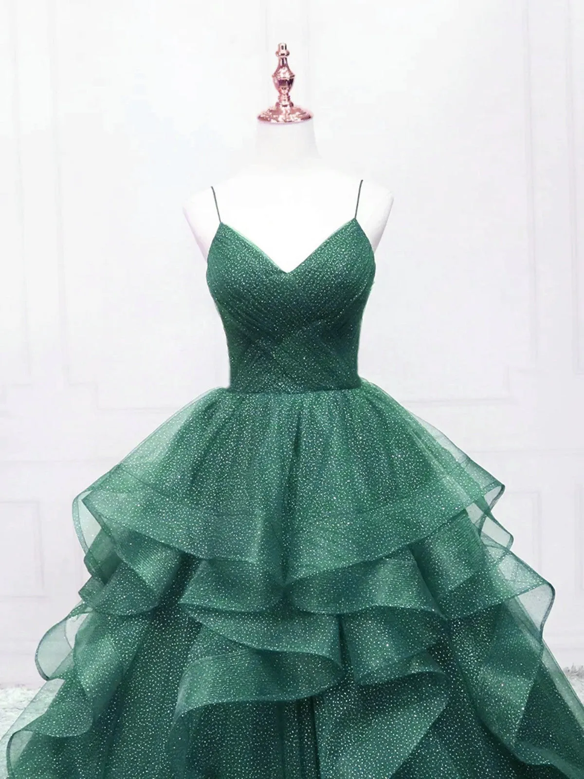 Dark Green Tulle Layers Straps V-neckline Prom Dress, Dark Green Tulle Evening Dress