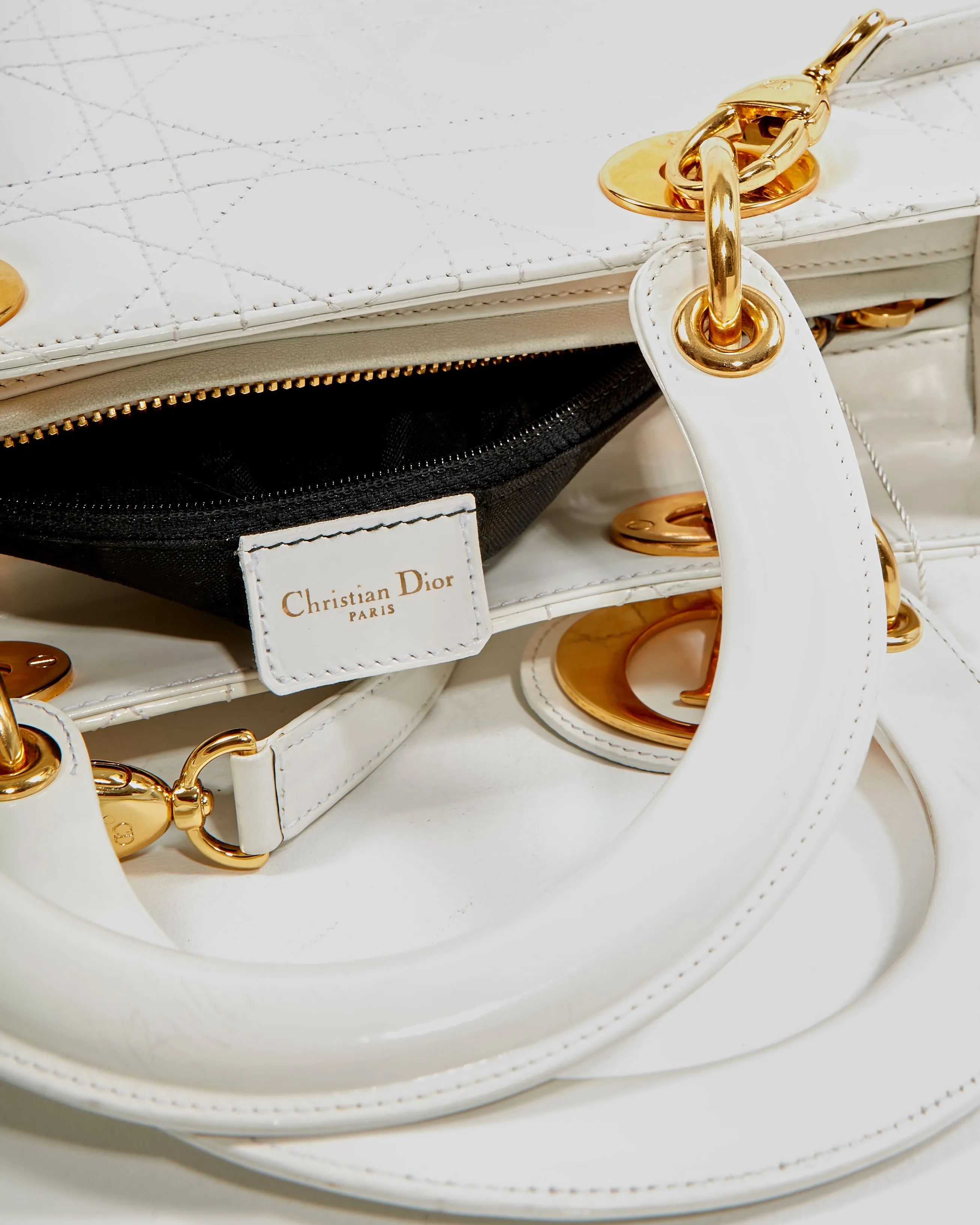 Dior White Patent Leather Cannage Medium Lady Dior Bag