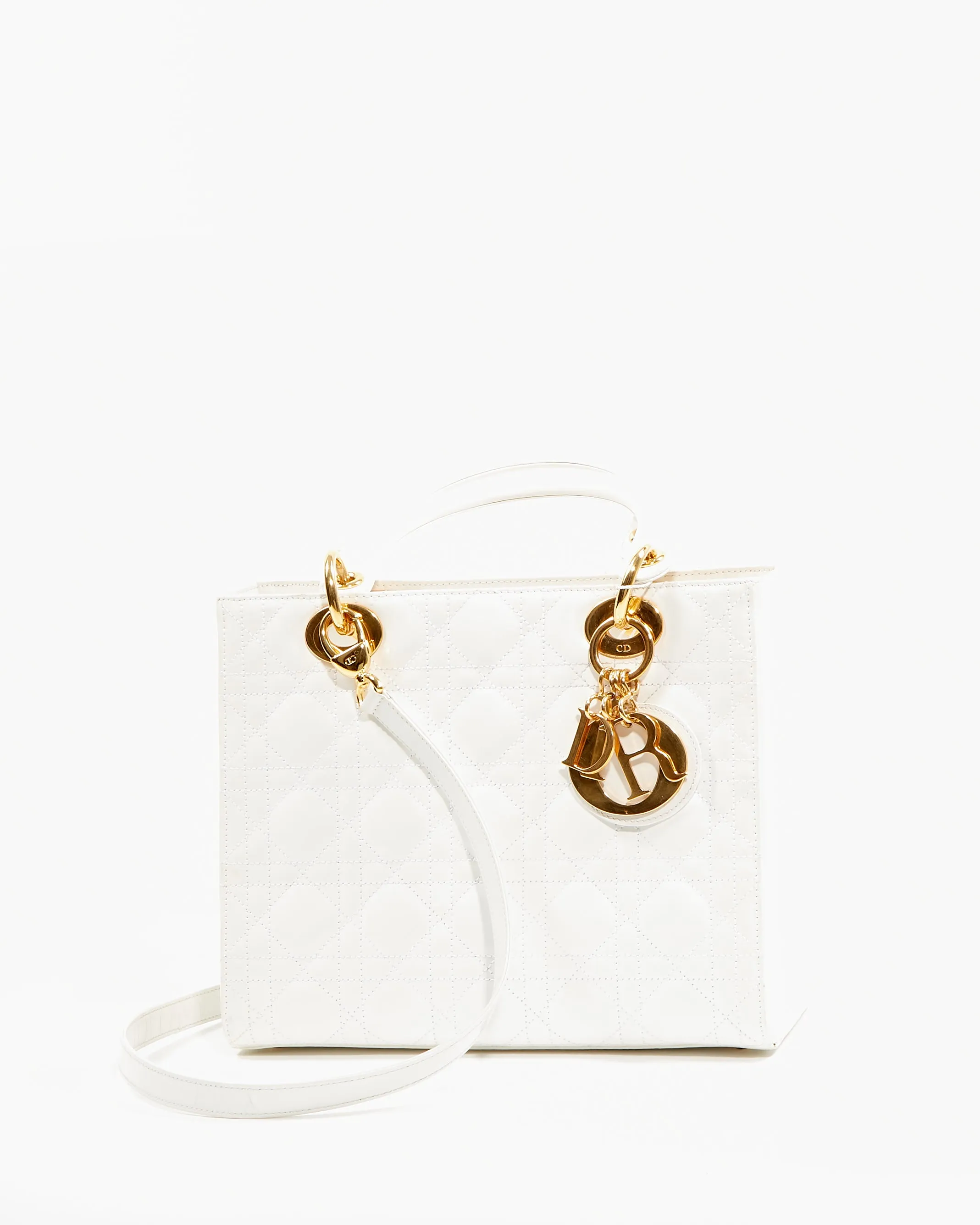 Dior White Patent Leather Cannage Medium Lady Dior Bag
