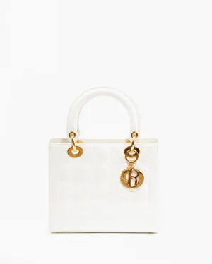Dior White Patent Leather Cannage Medium Lady Dior Bag