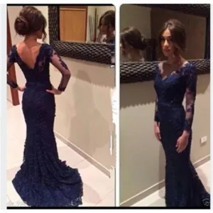 Elegant Navy V-neck Mermaid Long Sleeves Lace Prom Dresses, BG51152