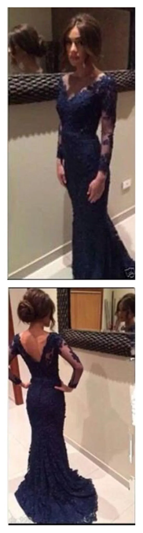 Elegant Navy V-neck Mermaid Long Sleeves Lace Prom Dresses, BG51152