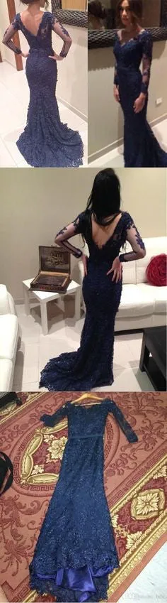 Elegant Navy V-neck Mermaid Long Sleeves Lace Prom Dresses, BG51152