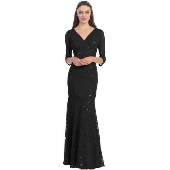 Eureka V-Neckline Lace 3/4 Length Sleeves Mermaid Dress in Black