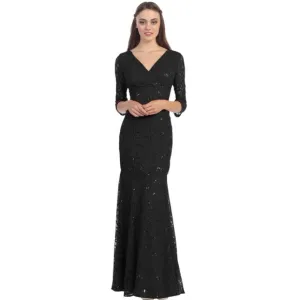 Eureka V-Neckline Lace 3/4 Length Sleeves Mermaid Dress in Black
