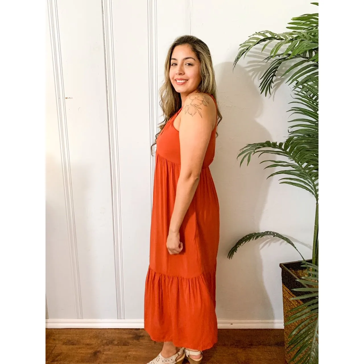 Feeling The Season Midi Dress- Light Rust