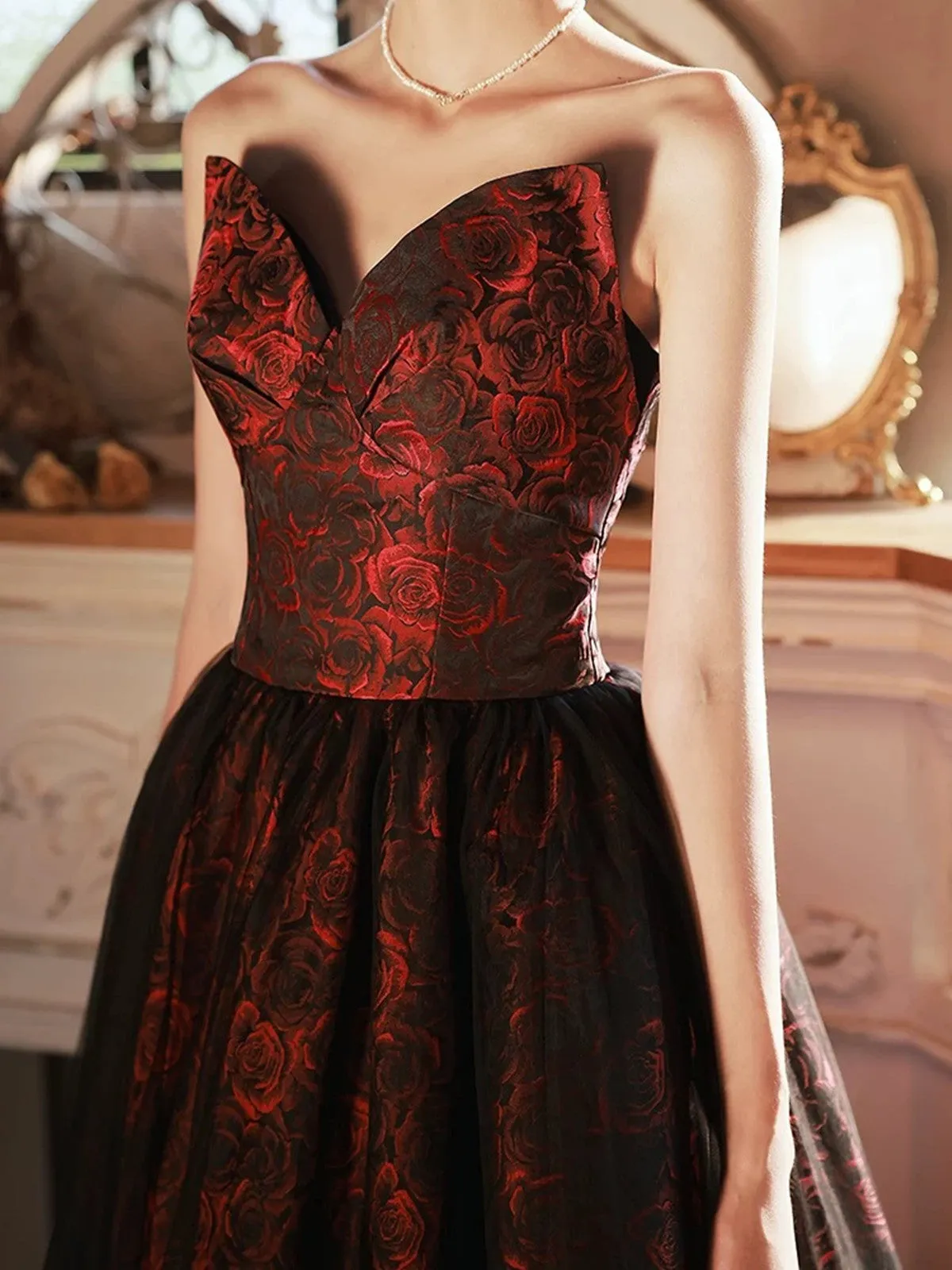 Floral A-line Satin Black and Red Party Dress, Strapless Long Prom Dress Evening Dress